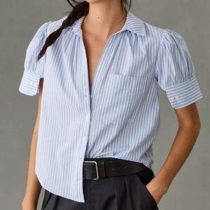 By Anthropologie Puff Sleeve Blue and White Striped Cotton Blouse